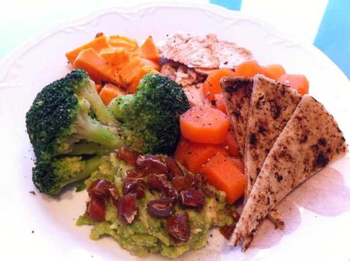 Hádegi :) Kjúllabringa Sætar kartöflur Gulrætur Brokólí Avacado með döðlum 1/4 flatkaka Hollt og gott  :)